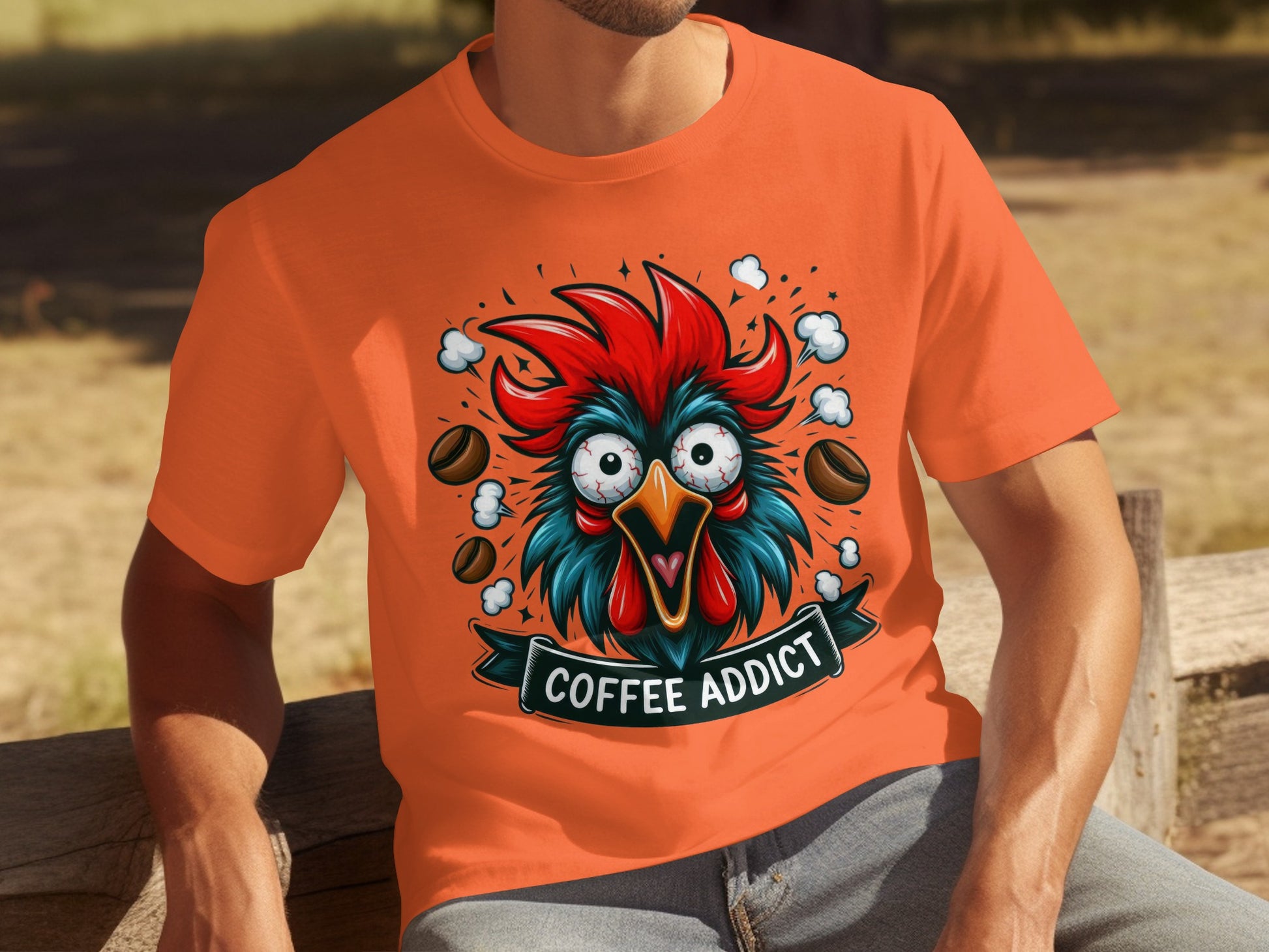Colorful Coffee Addict Cartoon Rooster Design Shirt