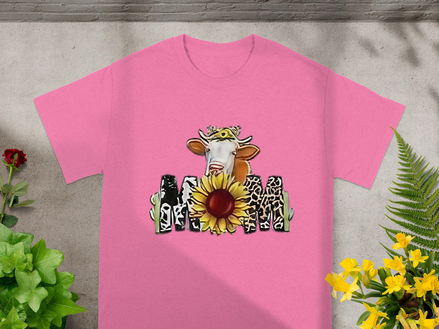 Pink T-Shirt with Cow and Sunflower MOM Design Tee