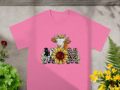 Pink T-Shirt with Cow and Sunflower MOM Design Tee