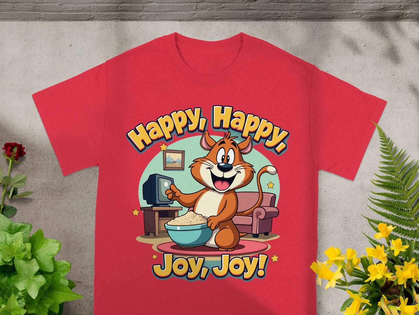 Cartoon cat with popcorn in front of TV, "Happy, Happy, Joy, Joy!" text.
