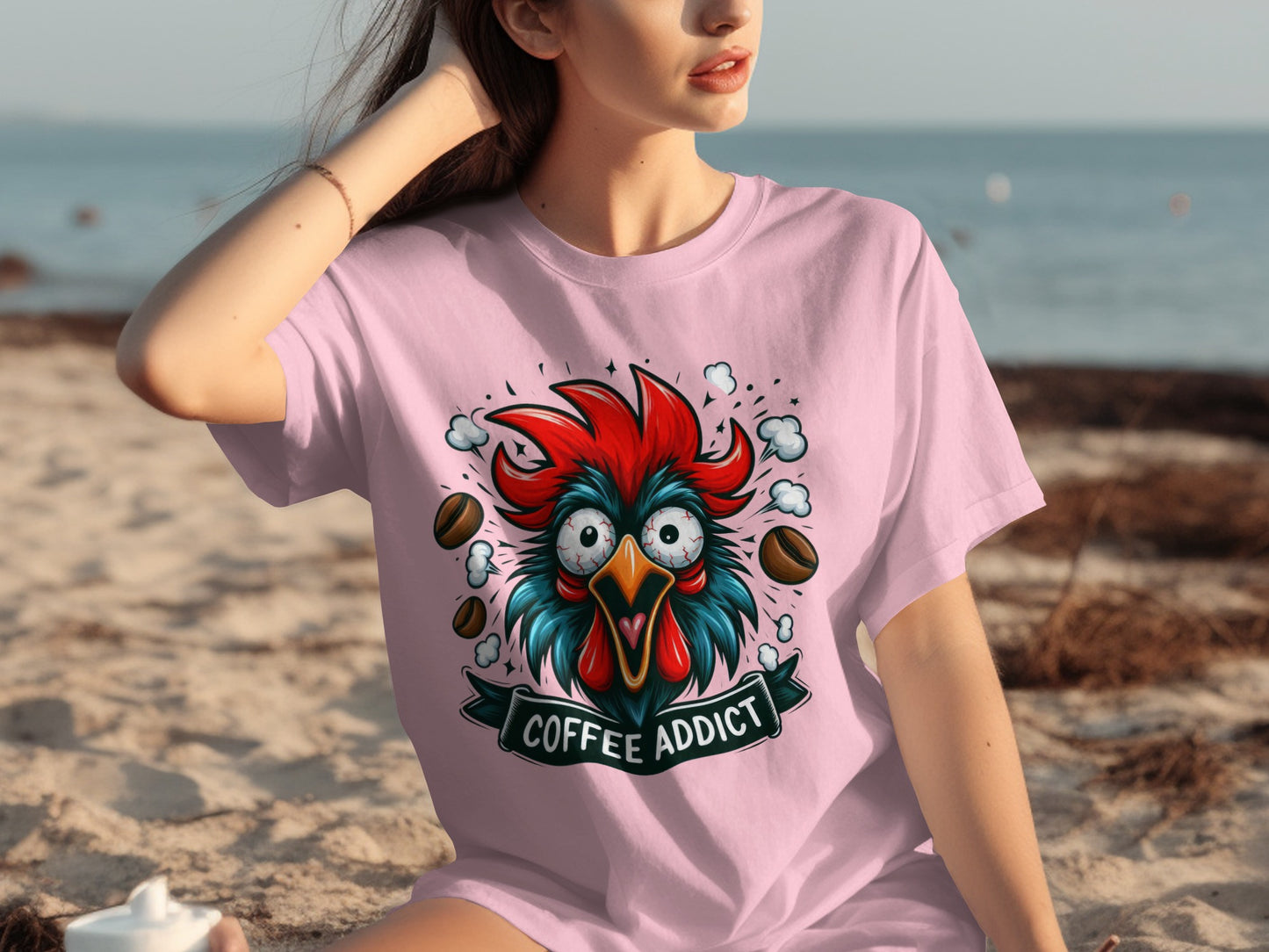 Coffee Addict Funny Rooster Graphic T-Shirt