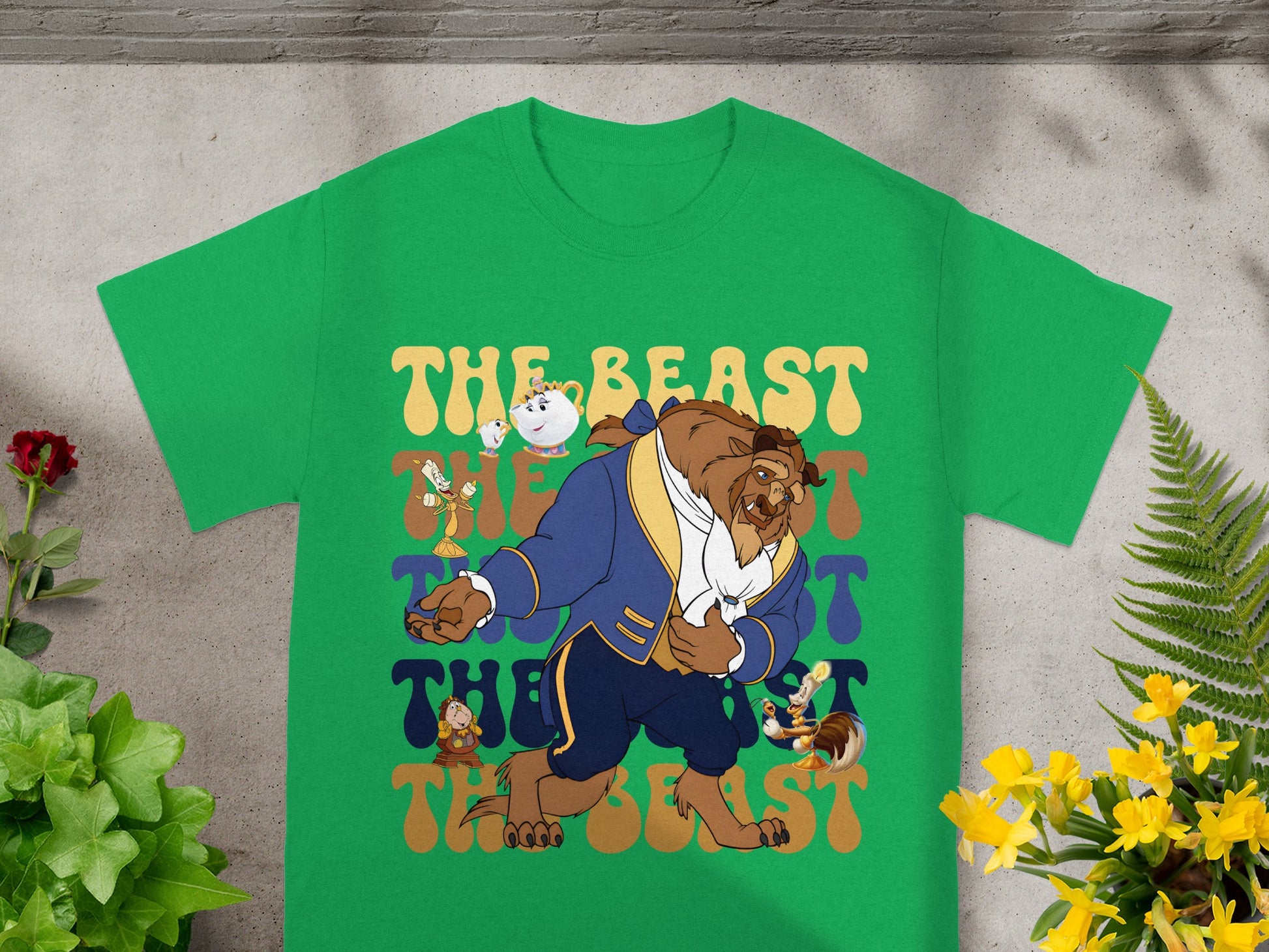 Green t-shirt with The Beast from Beauty and the Beast graphic.