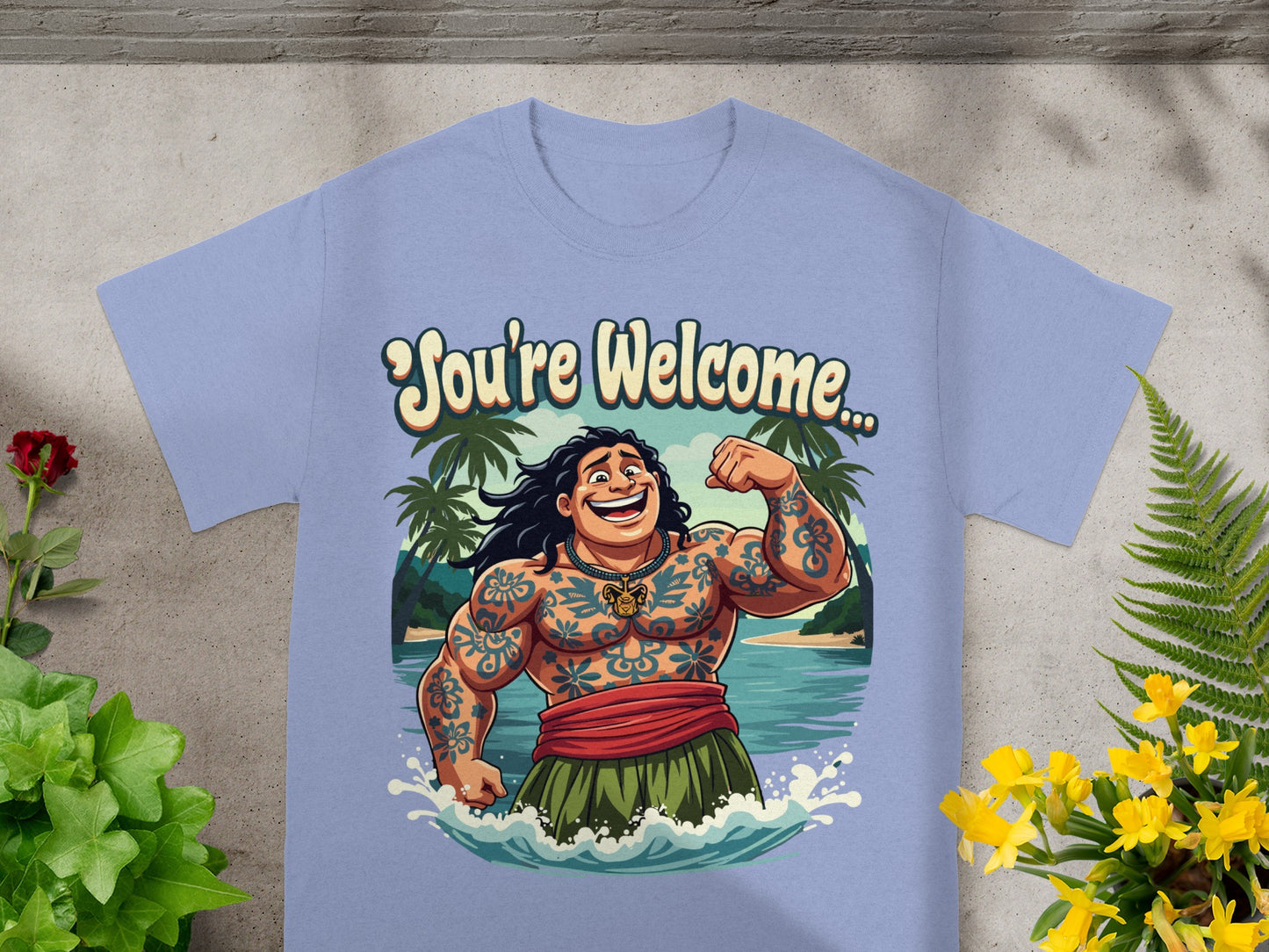 Tattooed man in water with palm trees and text "You're Welcome..."