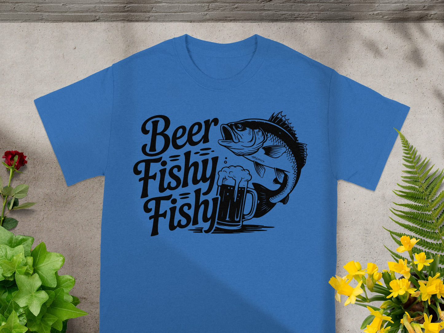 Blue t-shirt with black text "Beer Fishy Fishy" and a fish and beer graphic.