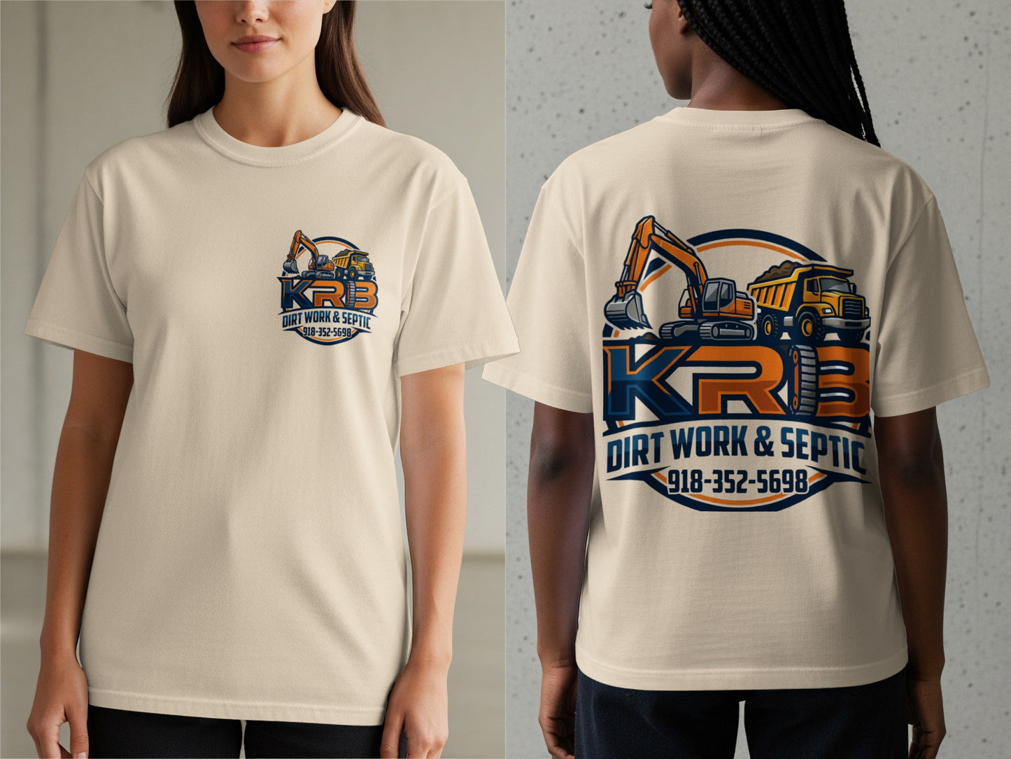 Cream t-shirt with KRB logo featuring excavator, dump truck, and phone number 918-352-5698.