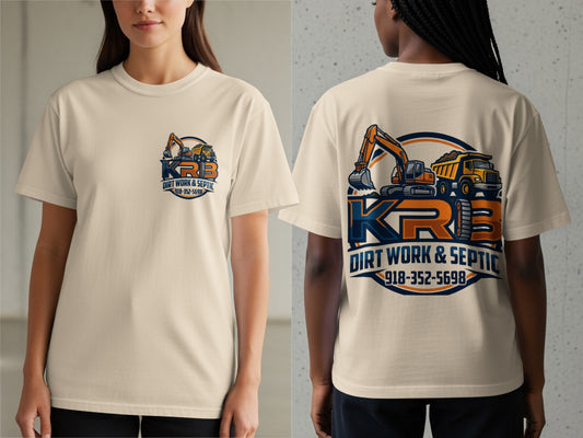 Cream t-shirt with KRB logo featuring excavator, dump truck, and phone number 918-352-5698.