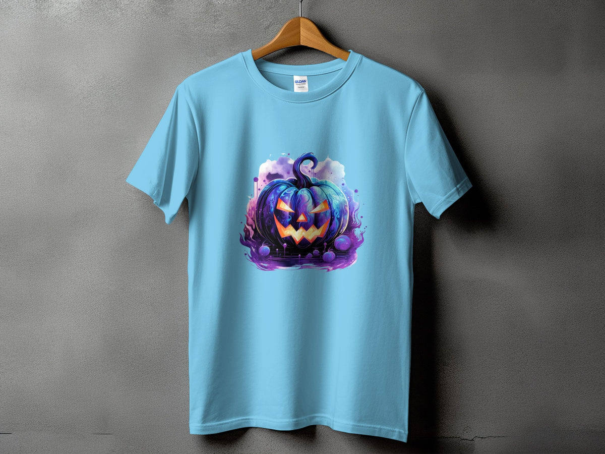 Light blue t-shirt with a spooky, vibrant jack-o'-lantern graphic on the front.