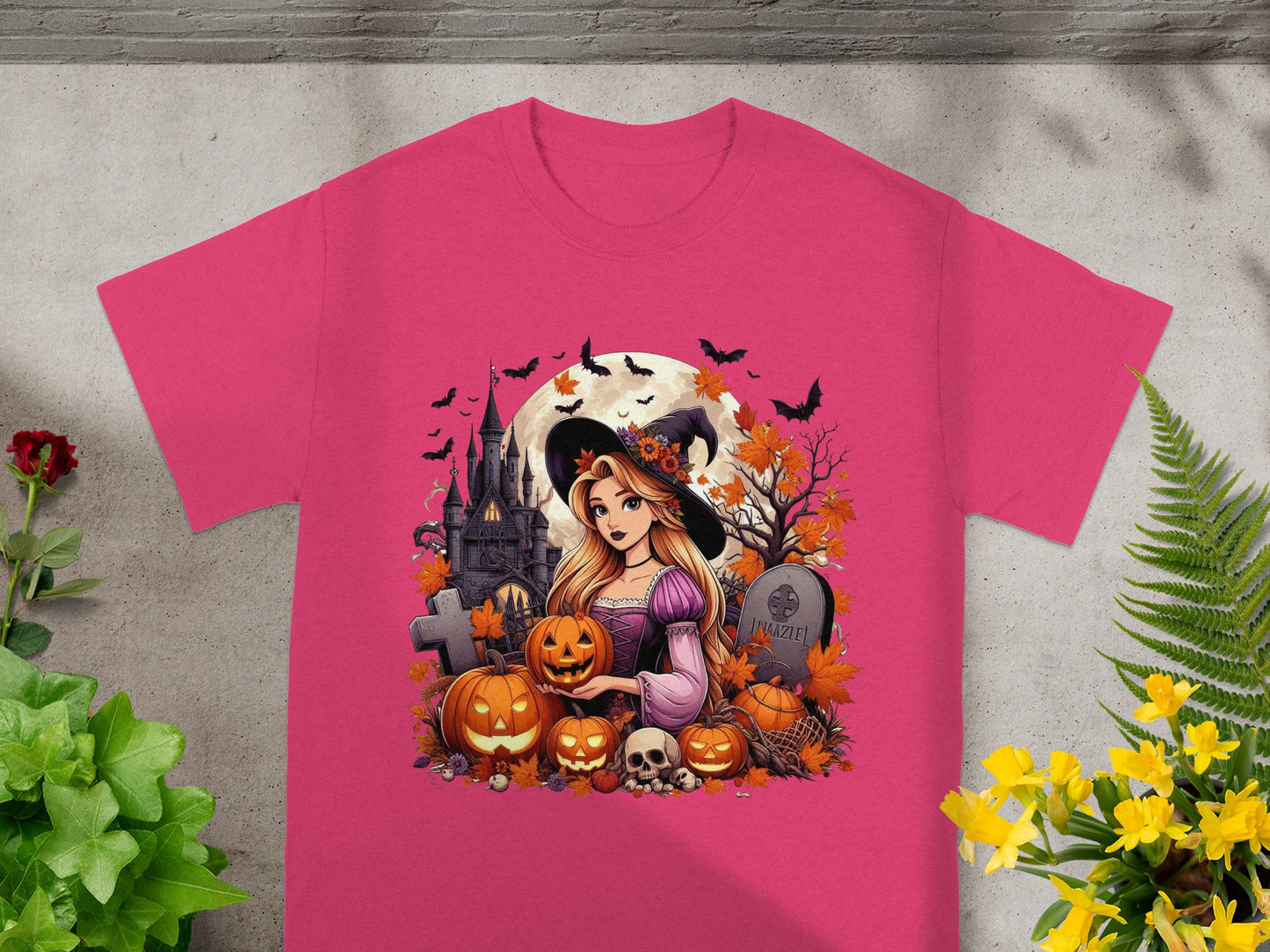 Cartoon witch holding pumpkin with castle, pumpkins, bats, and full moon background.