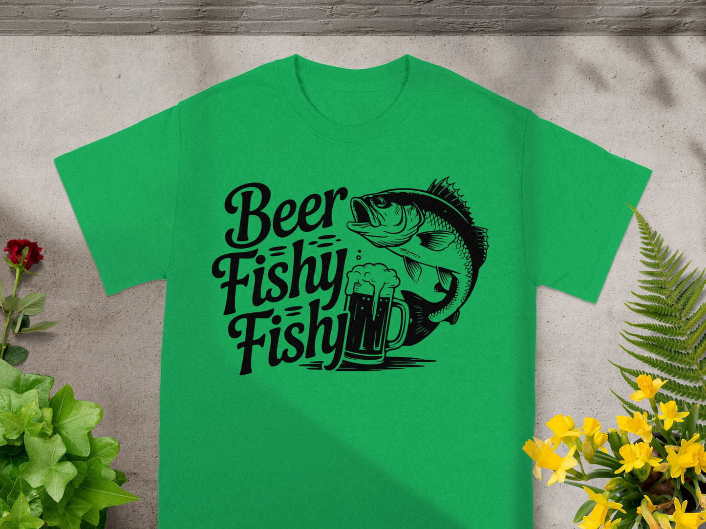 Green t-shirt with black text "Beer Fishy Fishy" and fish graphic.