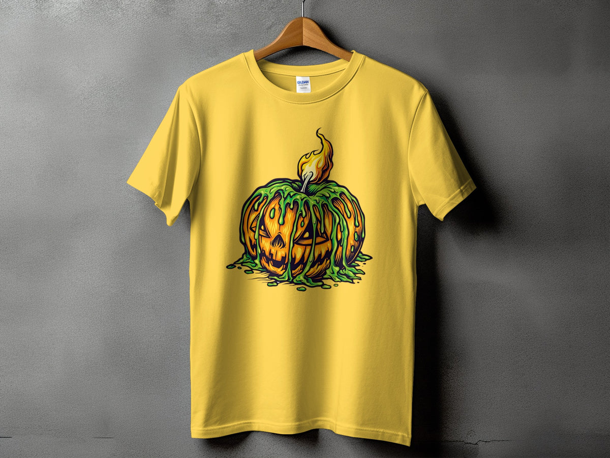Yellow t-shirt with a dripping, flaming Jack-o'-lantern graphic.
