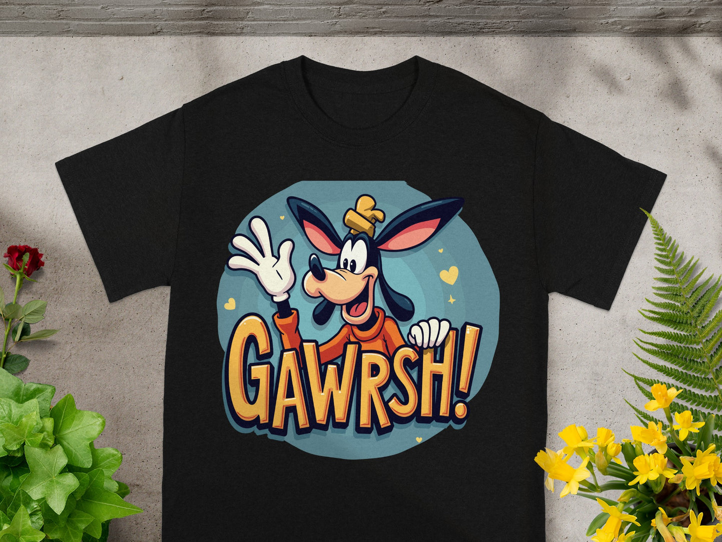 Black t-shirt with Goofy character saying "GAWRSH!"