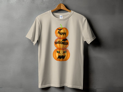 Light beige t-shirt with stacked jack-o'-lanterns, "Happy Halloween" text.