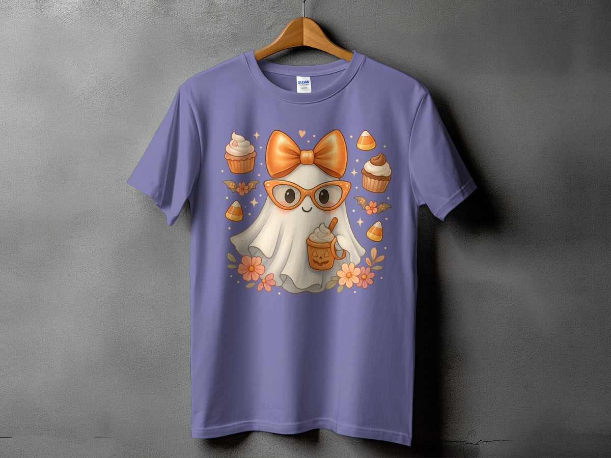 Cute ghost wearing glasses and bow, holding a pumpkin spice latte, surrounded by cupcakes and candy corn.