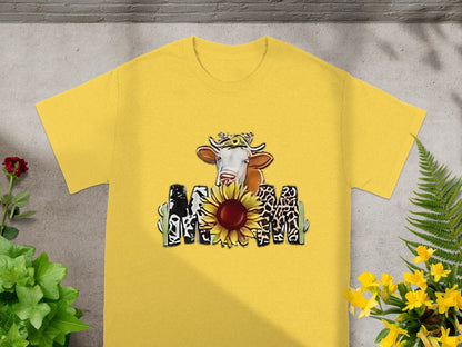 Yellow T-Shirt with Cow Sunflower MOM Design Shirt