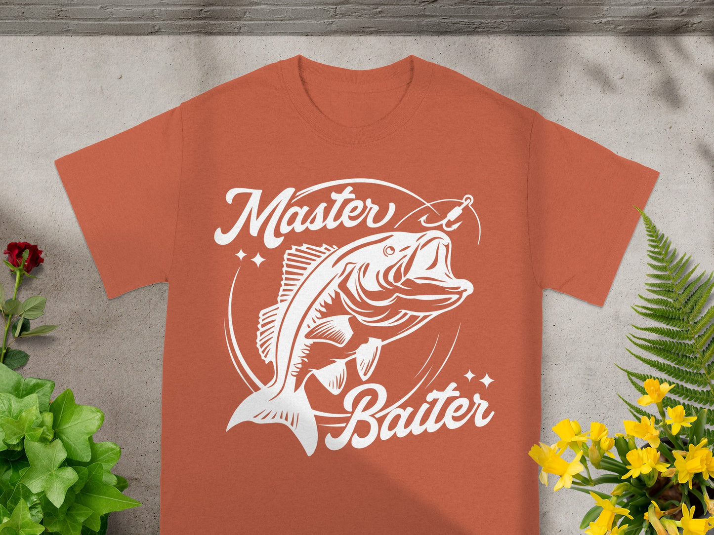 Orange t-shirt with white "Master Baiter" text and fish graphic.