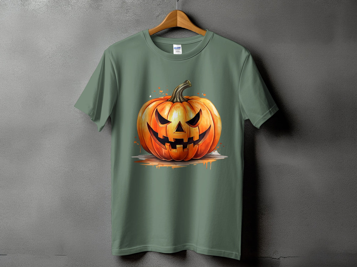 Green t-shirt with a watercolor-style jack-o'-lantern graphic.