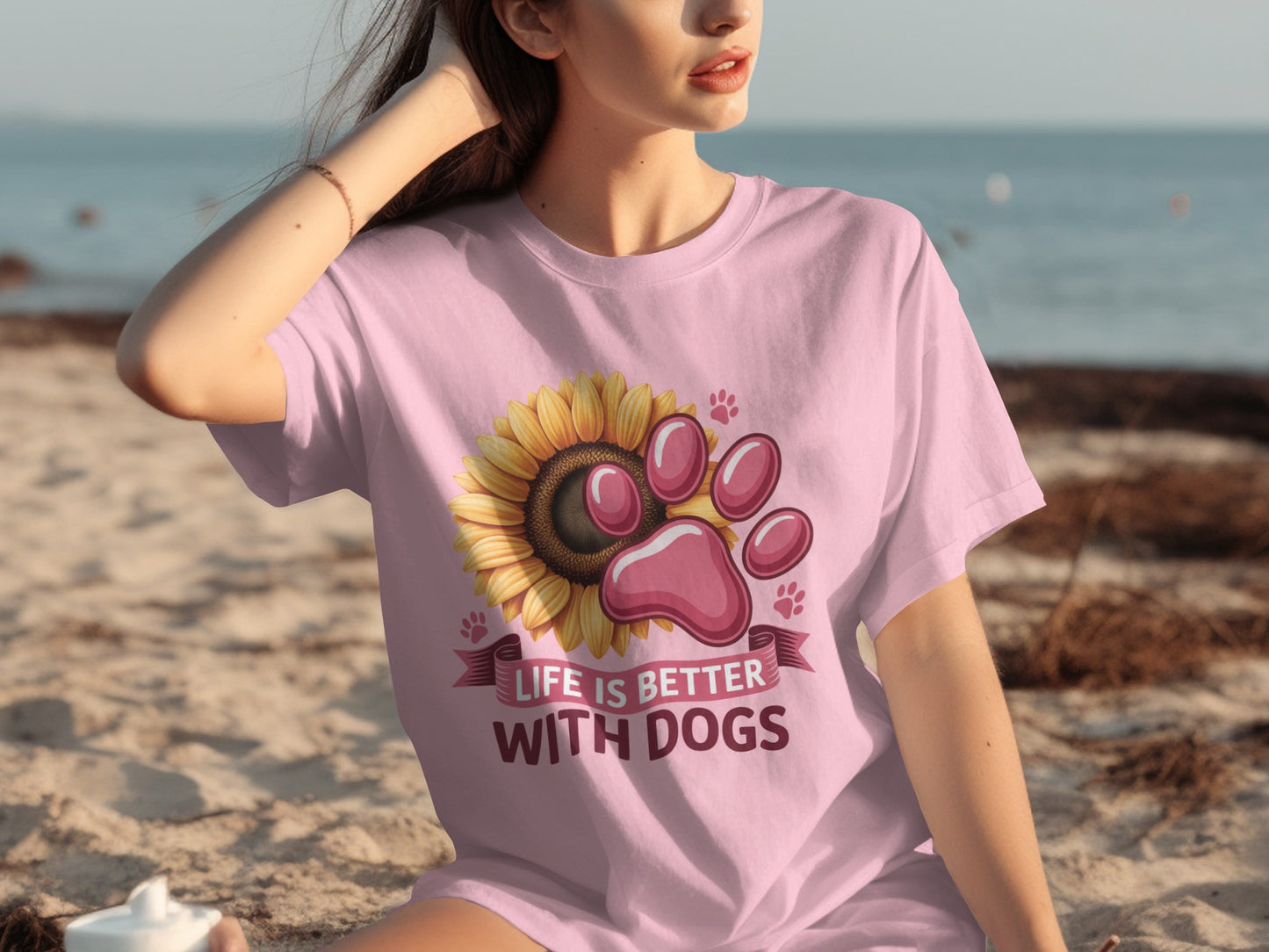 Life is Better with Dogs Sunflower Paw Print T-shirt