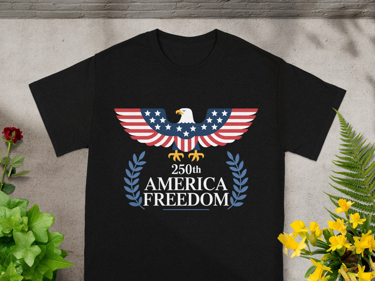 Black t-shirt with an eagle and "250th America Freedom" text.