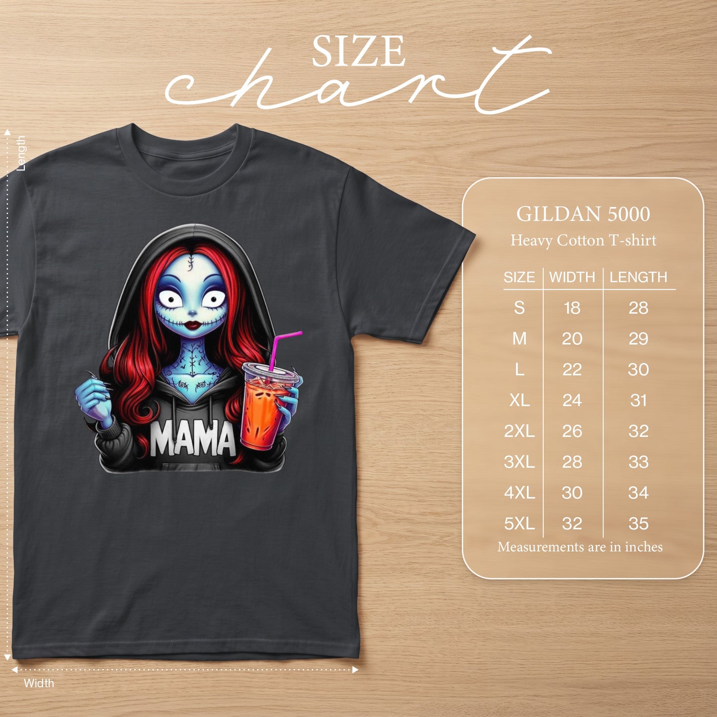 Gildan 5000 Heavy Cotton t-shirt with "Mama" graphic and size chart.