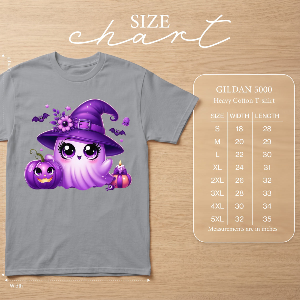 Grey Gildan 5000 heavy cotton t-shirt with purple witch ghost graphic and size chart.