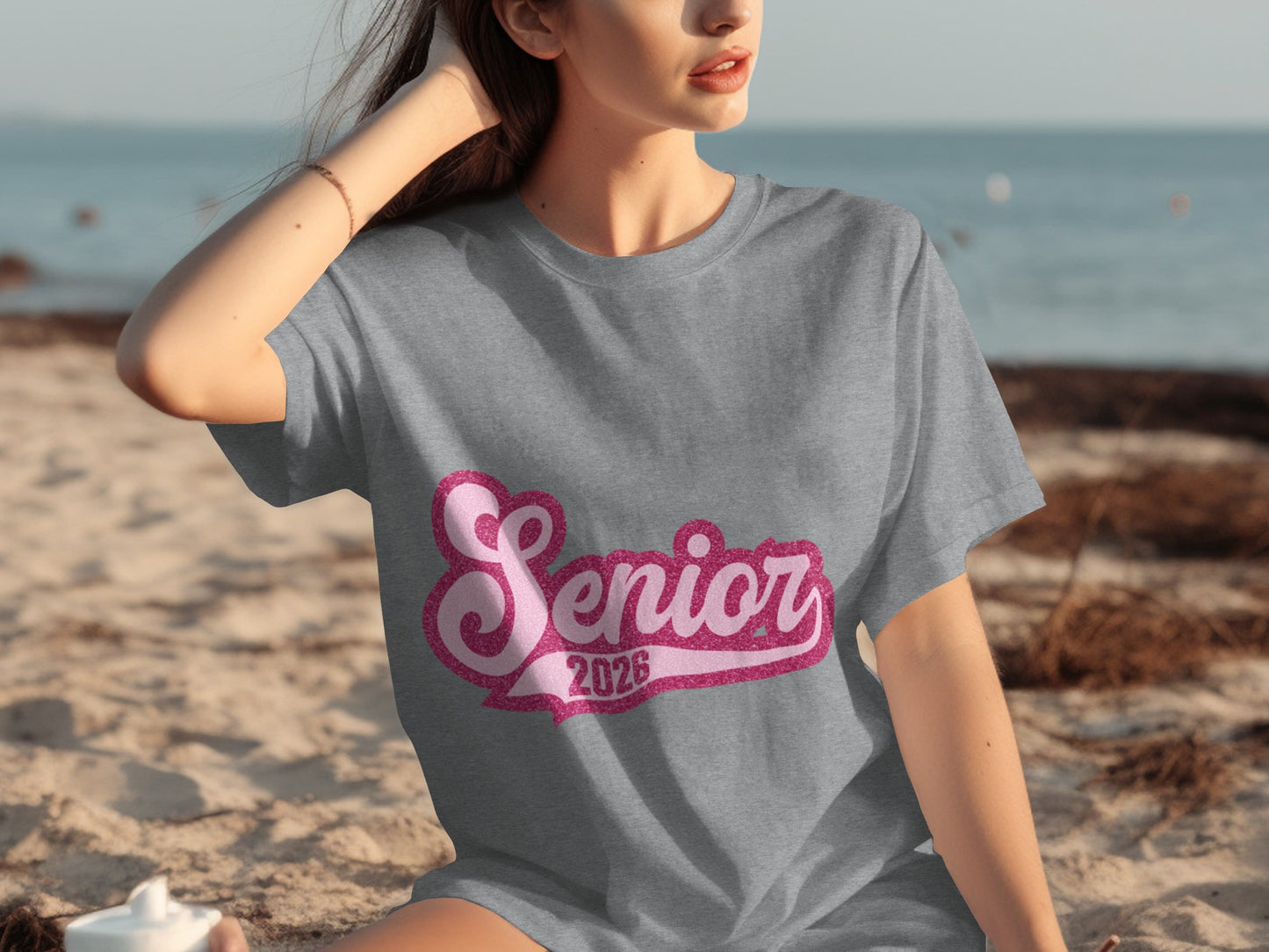 Senior 2026 sparkly text beachwear cool gray t-shirt