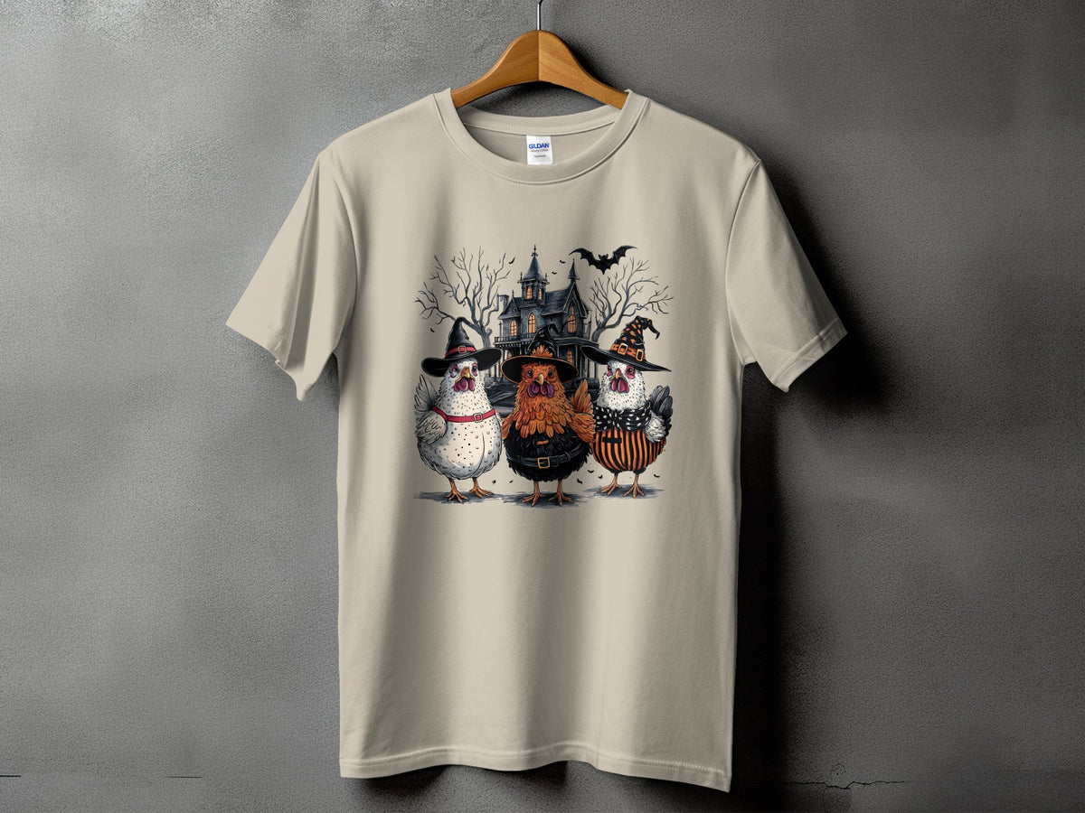 Three chickens in Halloween costumes stand before a spooky house with a bat.