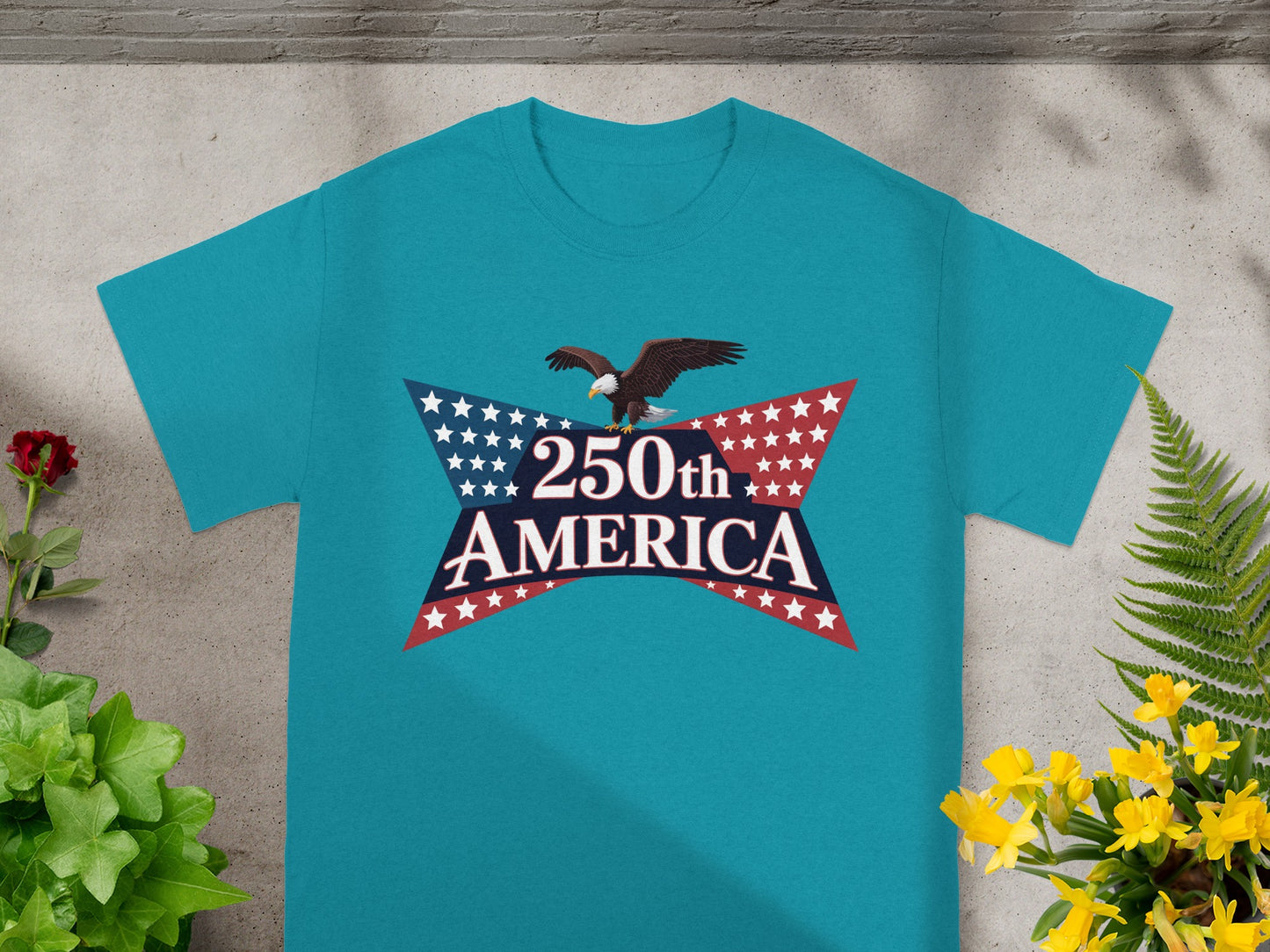 Teal t-shirt featuring "250th America" text and an eagle graphic.