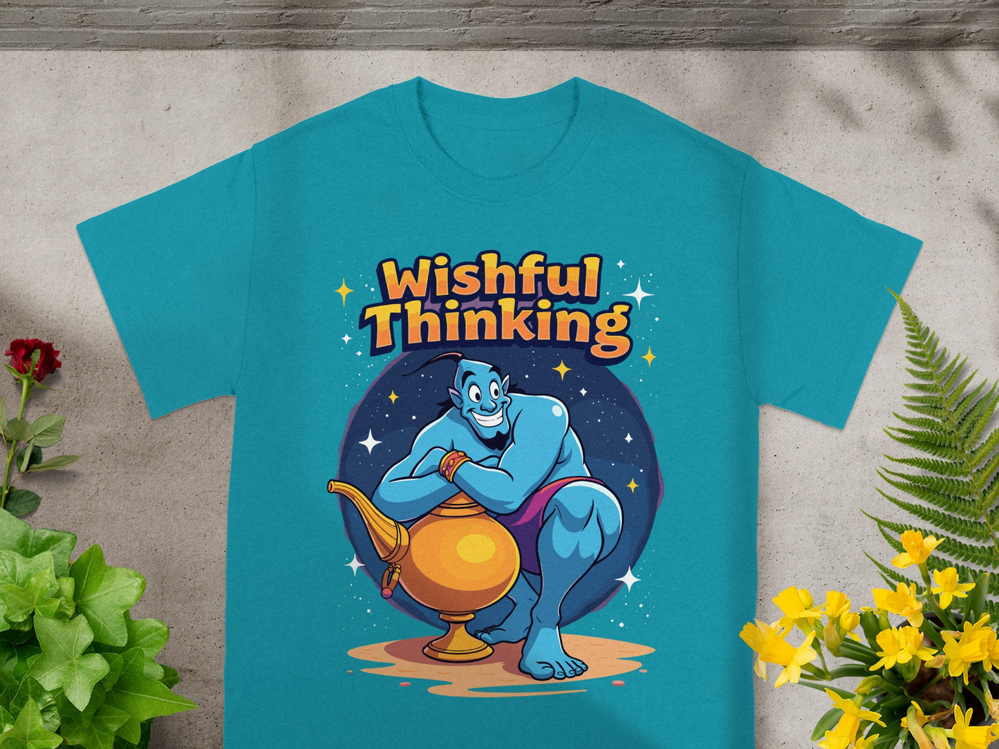 Blue genie crouches beside golden lamp with "Wishful Thinking" text.