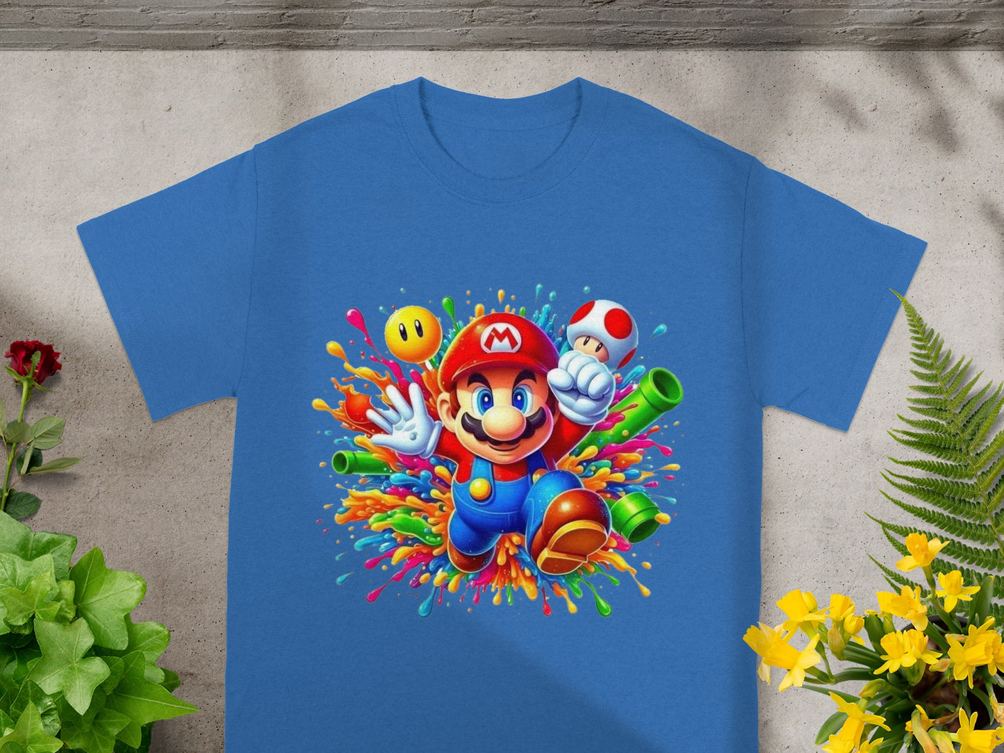 Blue t-shirt with Mario and colorful paint splashes.