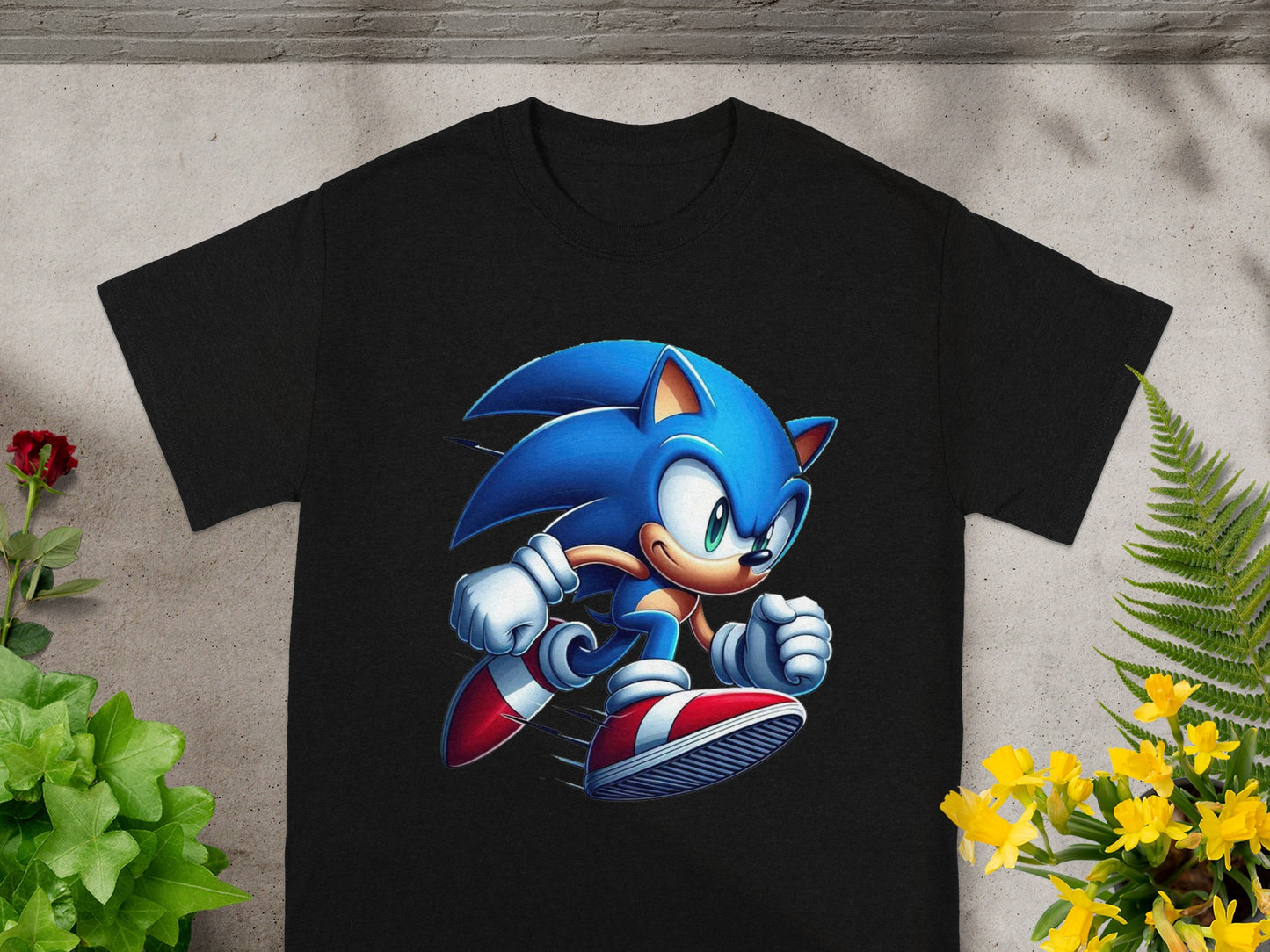 Black t-shirt with Sonic the Hedgehog running graphic.