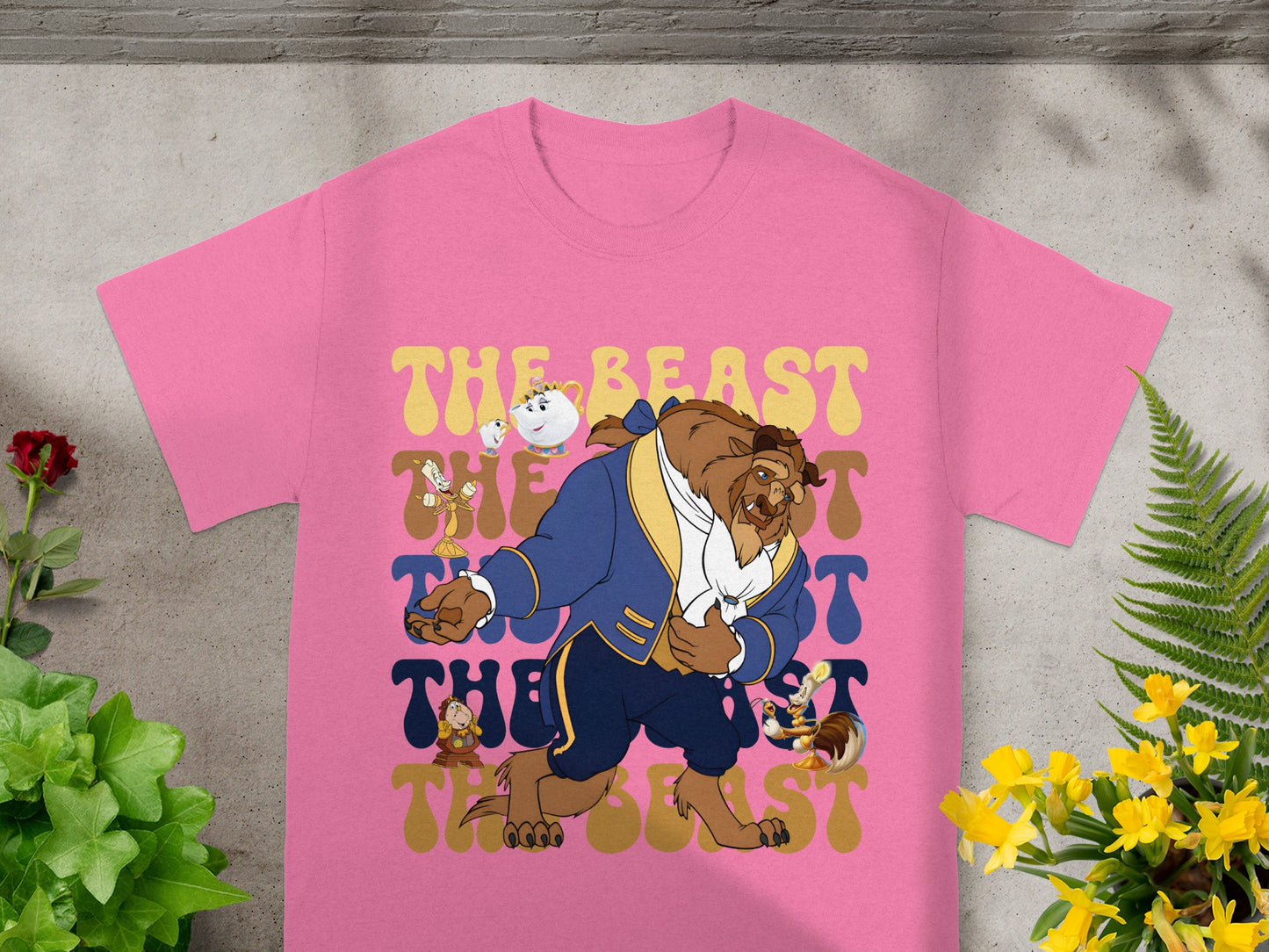 Pink t-shirt with The Beast and Chip dancing, text reads "The Beast".