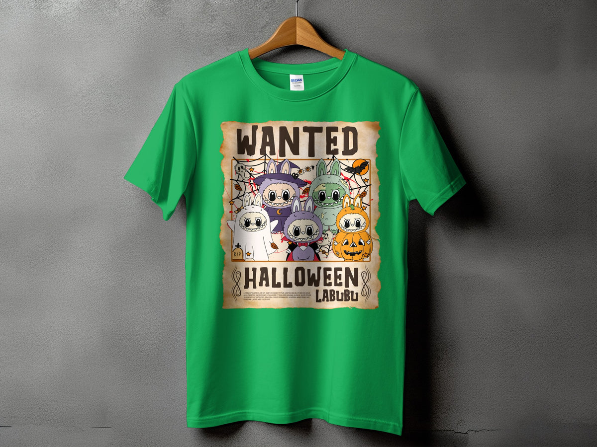 Green t-shirt with wanted poster design featuring cartoon characters and "Halloween Labubu" text.