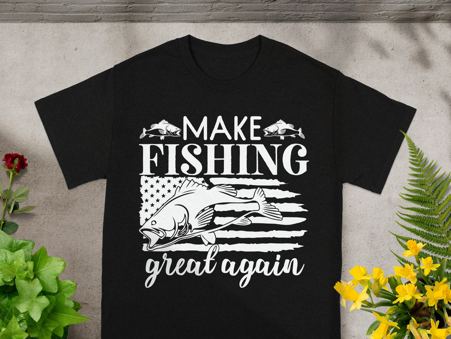 Black t-shirt with text "MAKE FISHING great again" featuring a bass and American flag design.