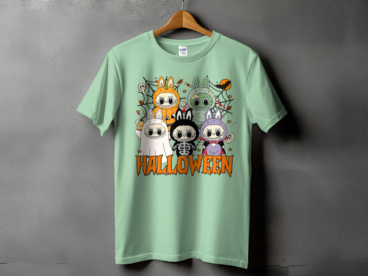 Light green t-shirt with "HALLOWEEN" text and cartoon characters in costumes.