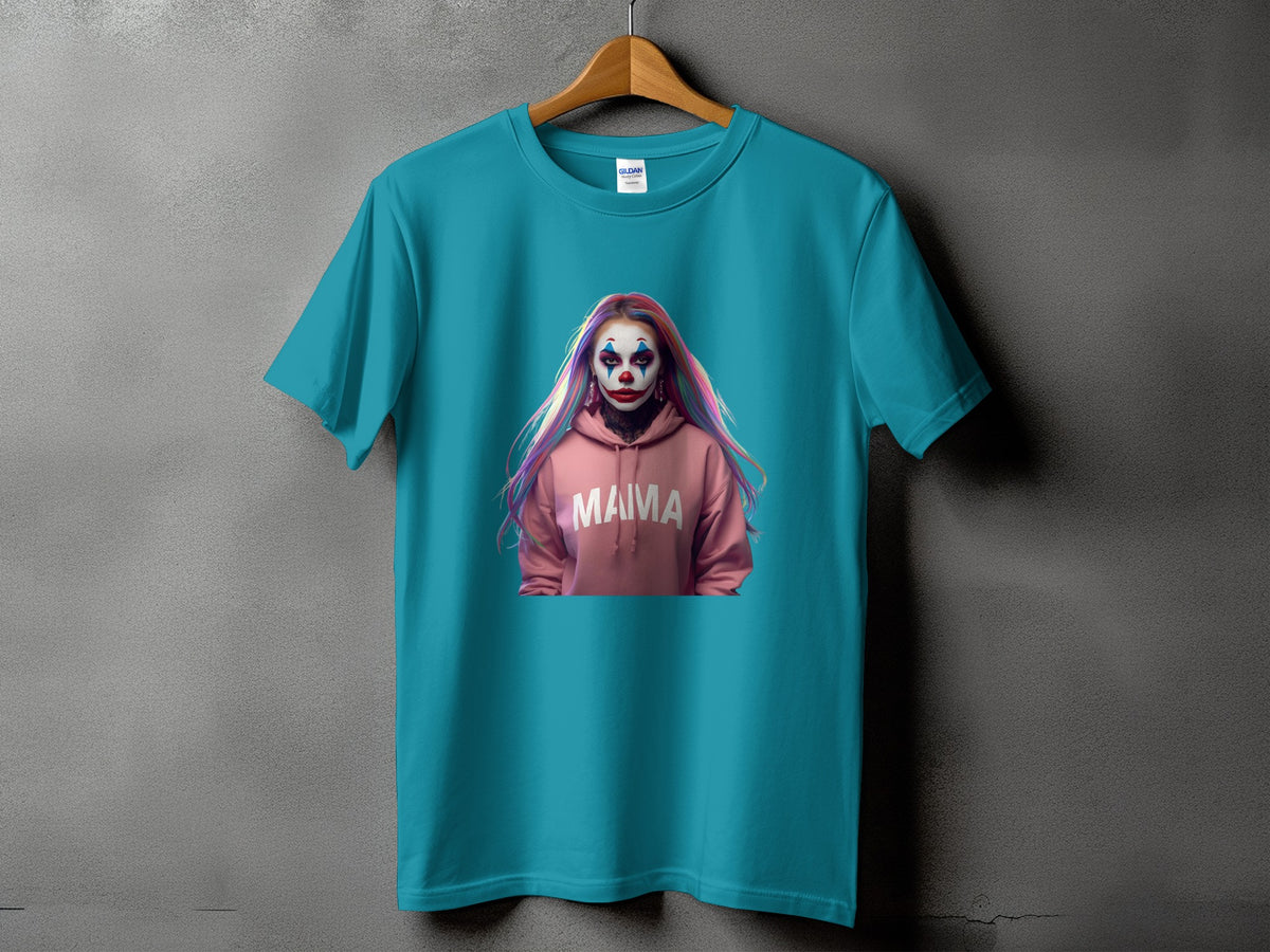 Teal t-shirt with a clown graphic and "MAMA" text on a pink hoodie.