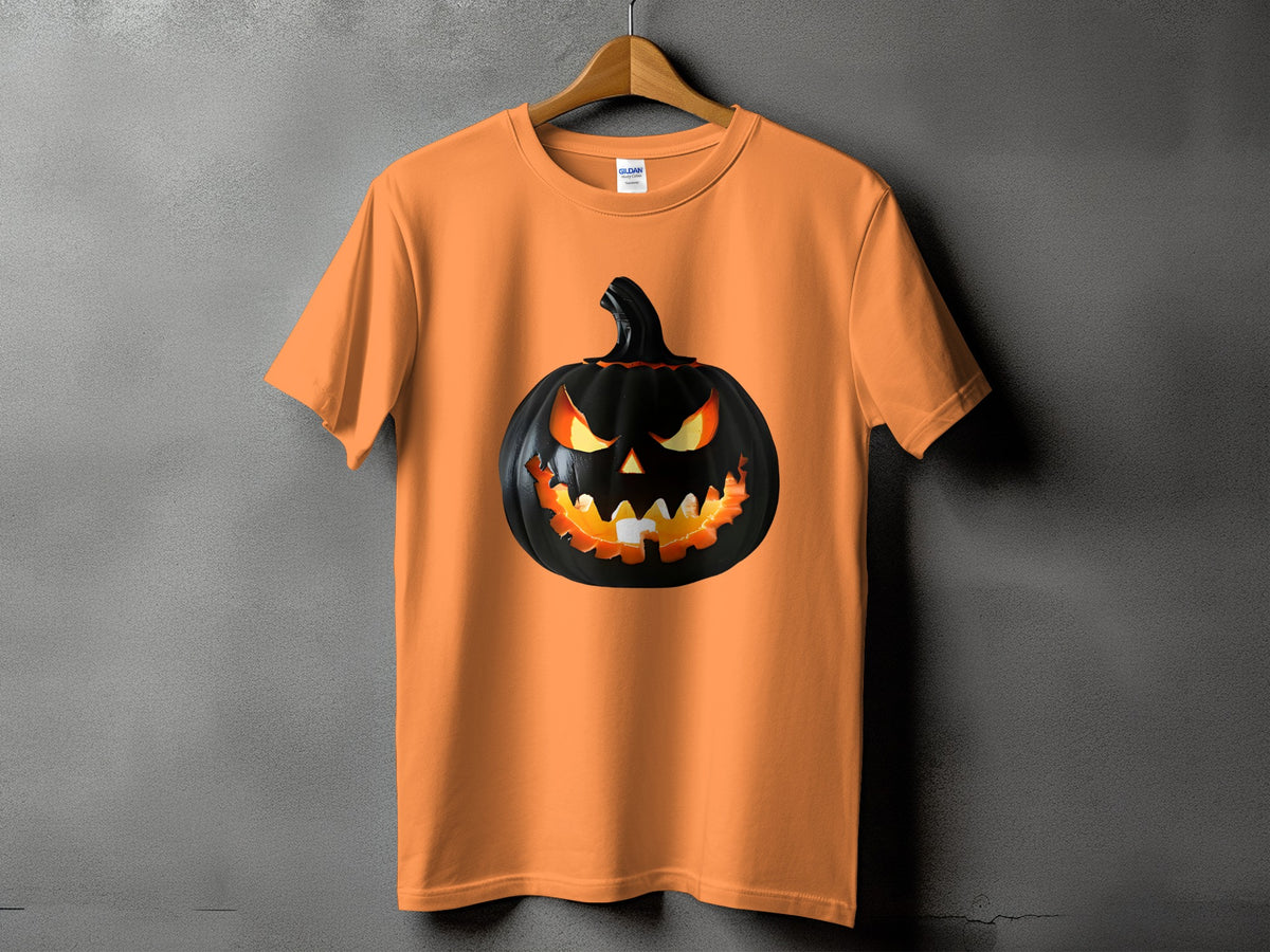 Orange t-shirt with a black, glowing jack-o'-lantern graphic.