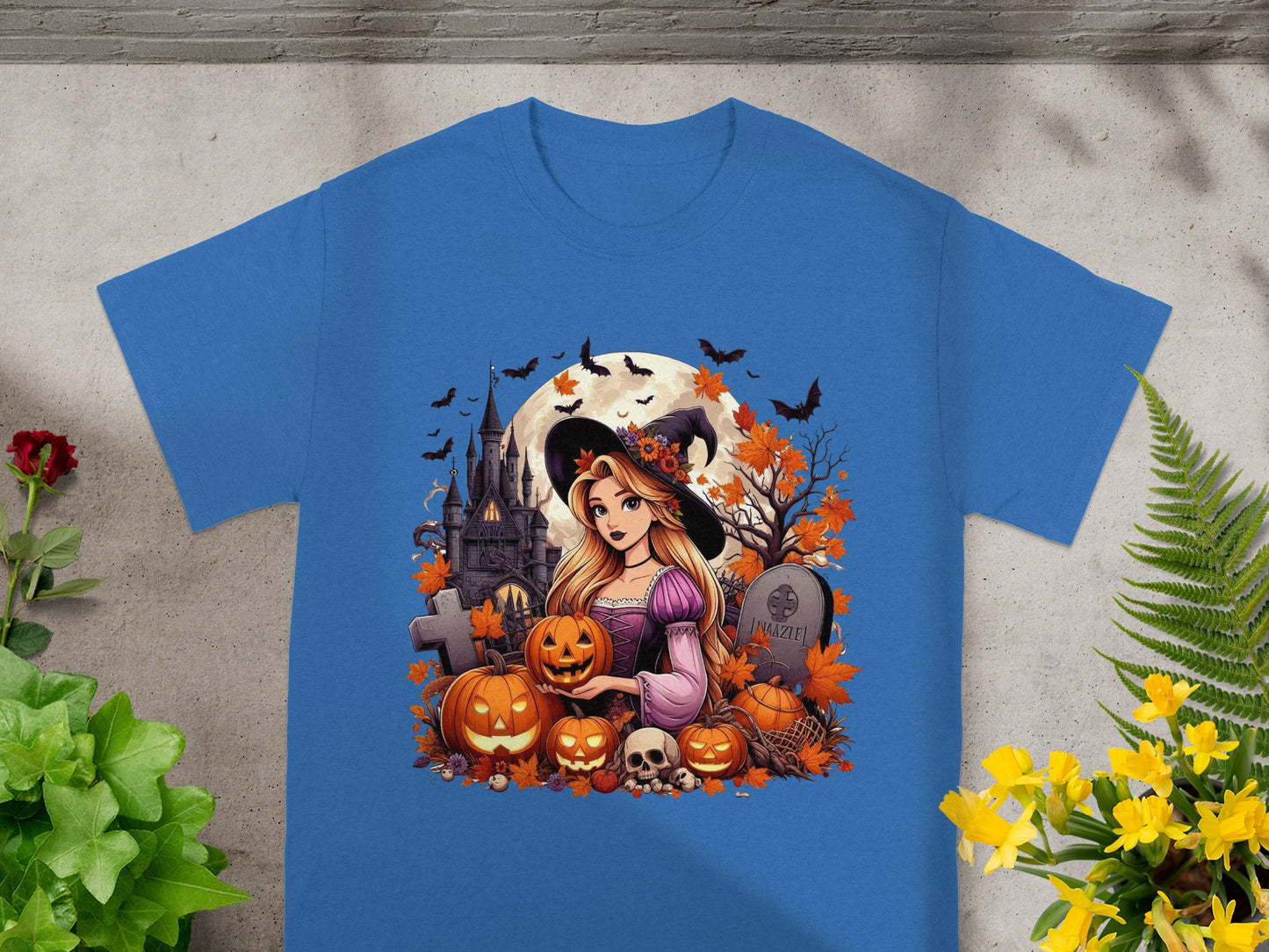 Halloween graphic with witch, castle, pumpkins, bats, and gravestone labeled "INAZLE".