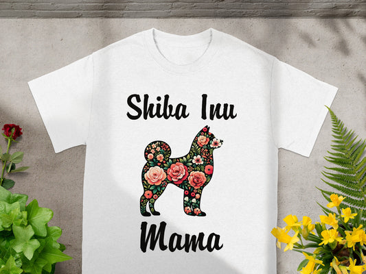 White t-shirt with "Shiba Inu Mama" and floral Shiba Inu silhouette design.