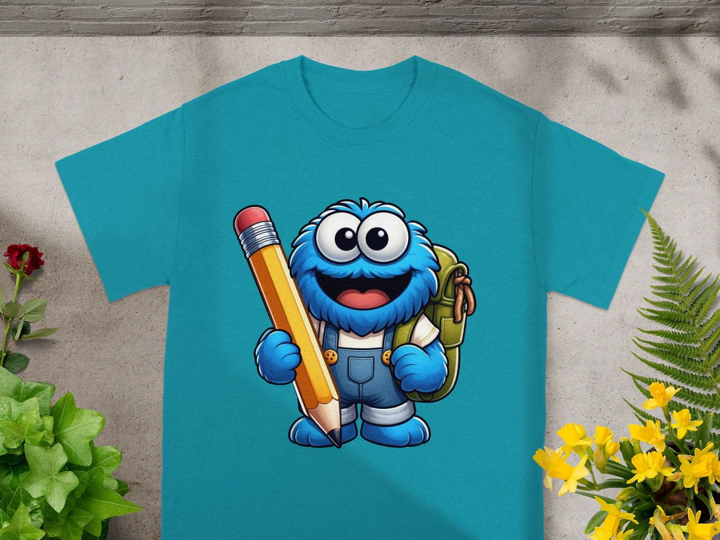Blue monster with backpack holds a large yellow pencil.