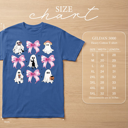 Gildan 5000 Heavy Cotton T-shirt size chart with cartoon ghosts and pink bows.