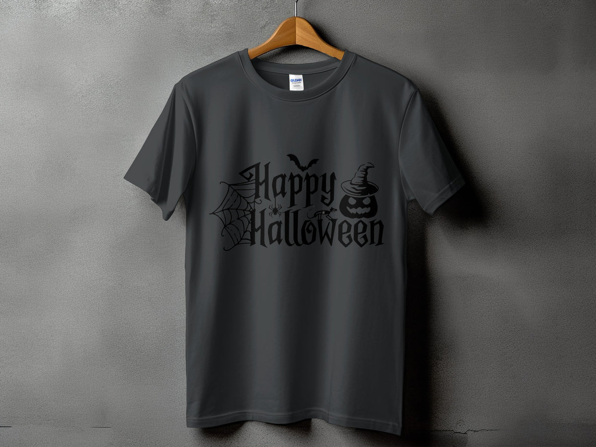 Dark grey t-shirt with black "Happy Halloween" text, spiderweb, spider, bat, and pumpkin.