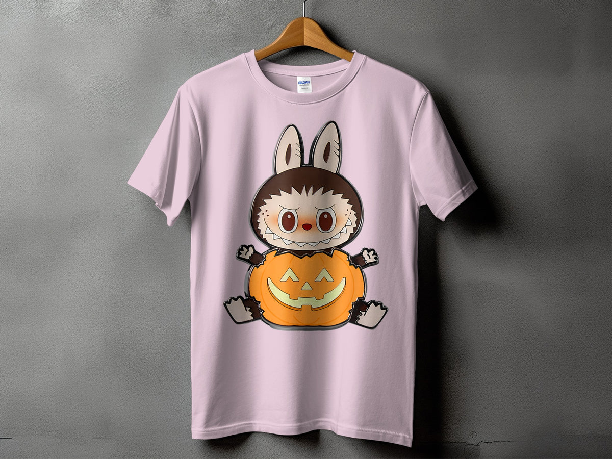 Pink t-shirt with a cartoon monster sitting in a jack-o'-lantern.