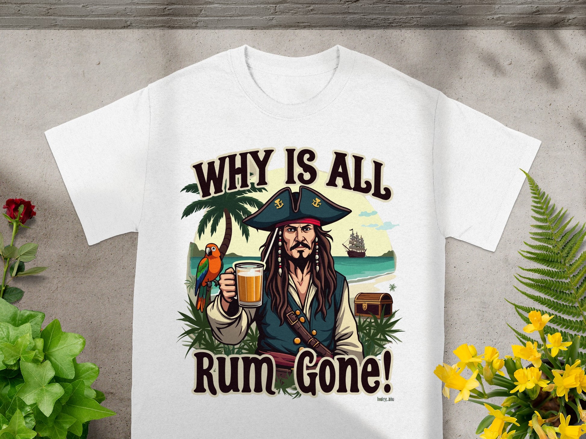 Pirate with a drink and parrot on a beach, with text "Why Is All Rum Gone!"