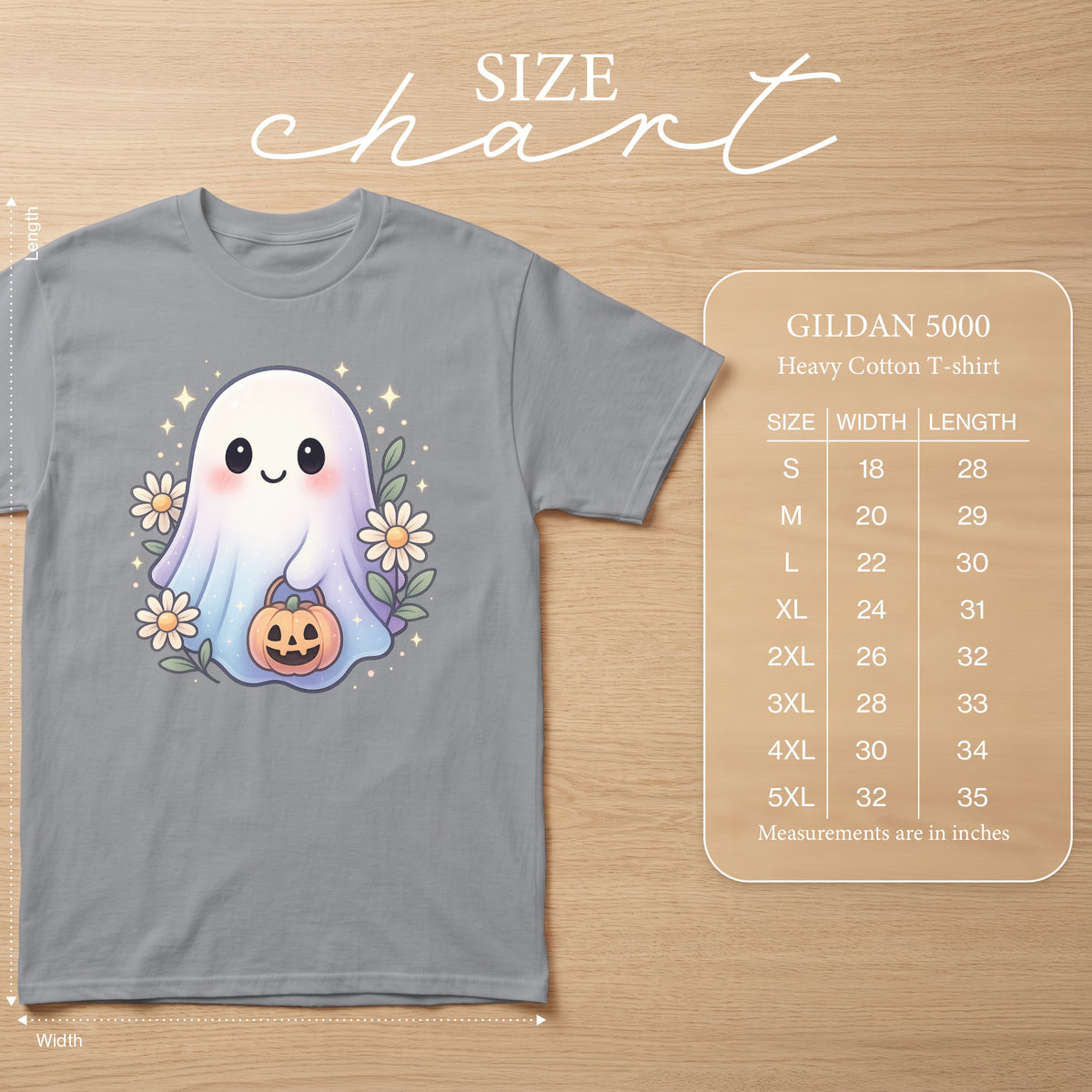 Gildan 5000 Heavy Cotton T-shirt with cute ghost and size chart.