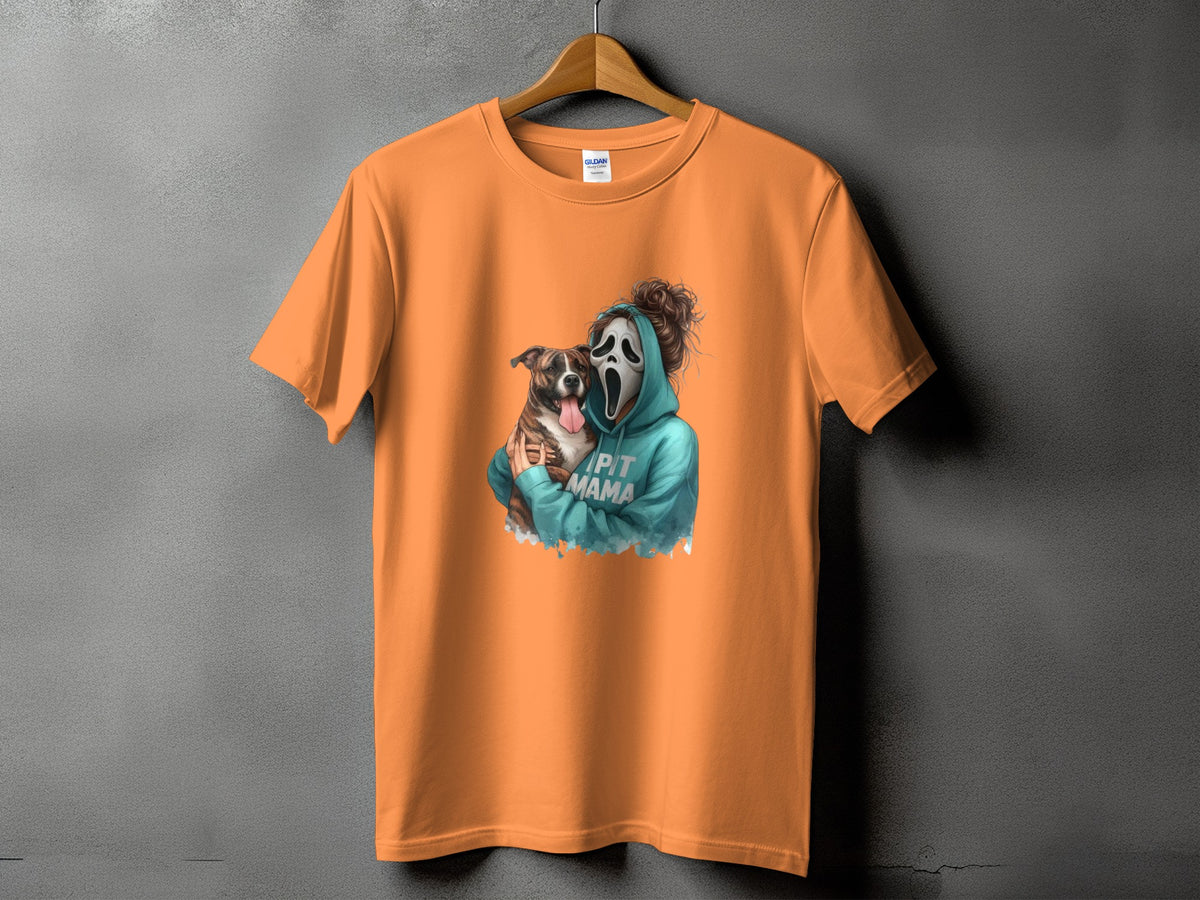 Orange t-shirt with ghost mask figure holding a dog, text reads "PIT MAMA".