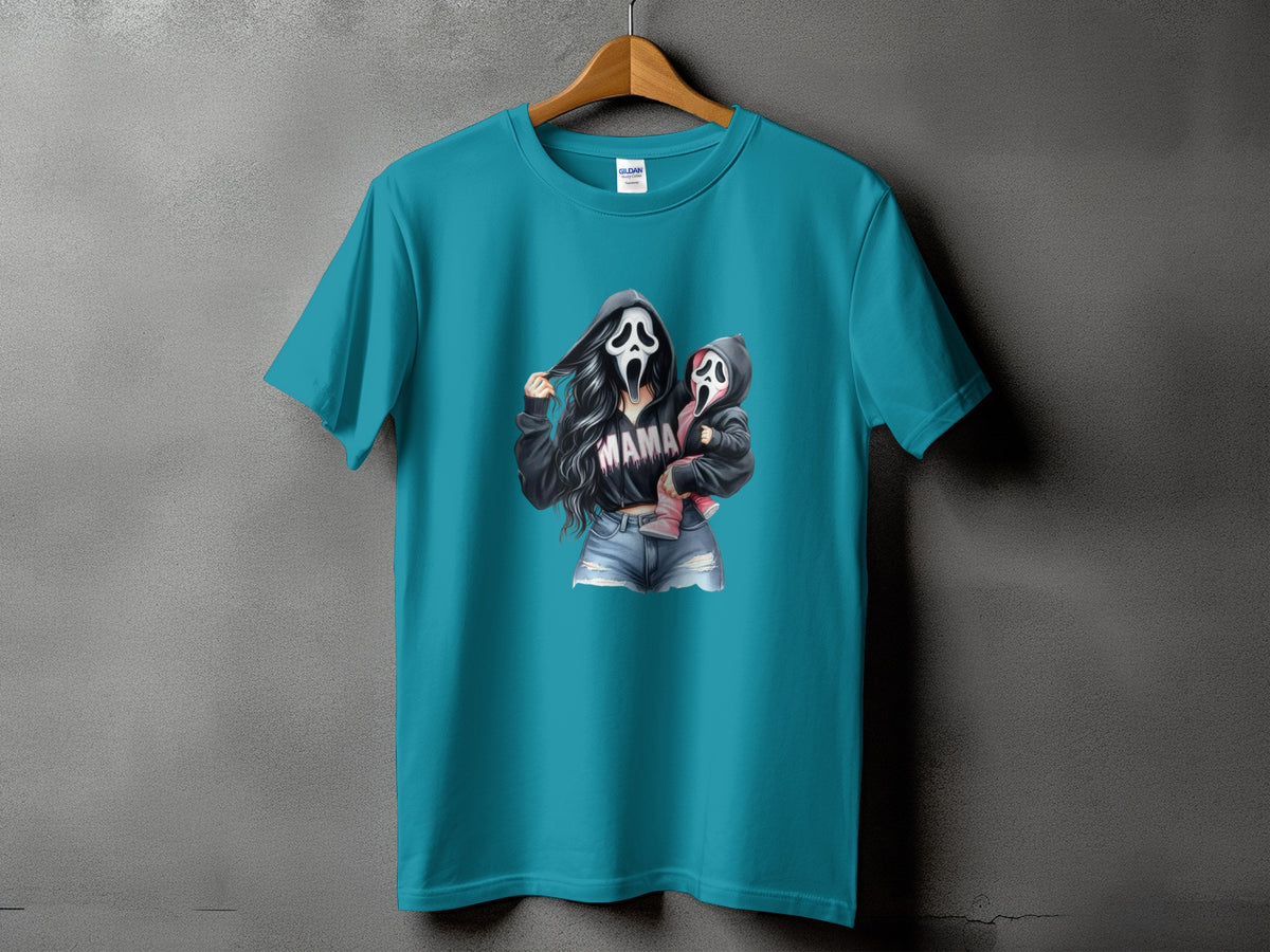 Teal t-shirt with graphic of woman and child in Ghostface masks, text "MAMA".