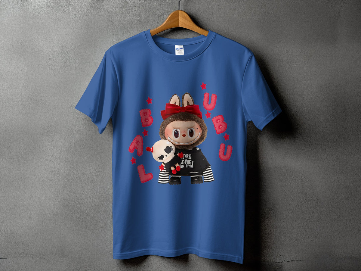 Blue t-shirt with graphic of fuzzy character holding skull, red text and stars.