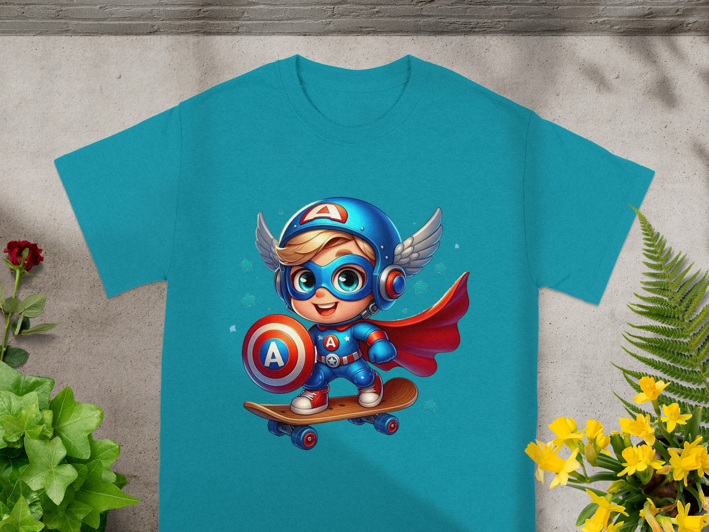 Cartoon superhero child in helmet and cape riding skateboard with shield.