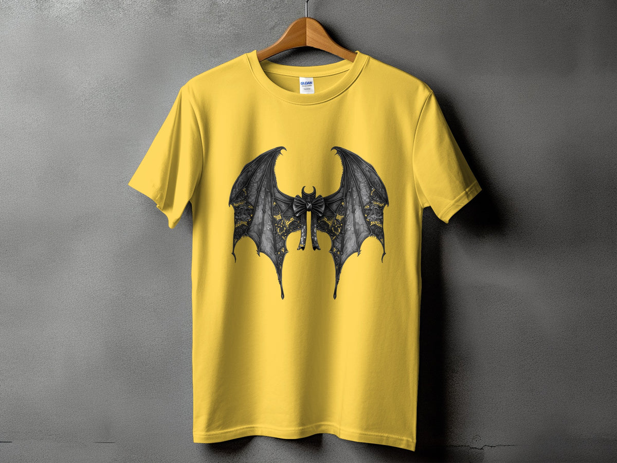 Yellow t-shirt with a black bat wing design and a bow tie.