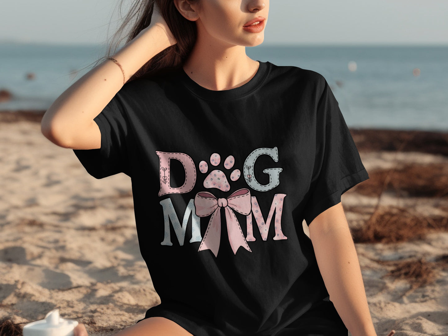 Dog Mom T-Shirt with Paw and Bow Design